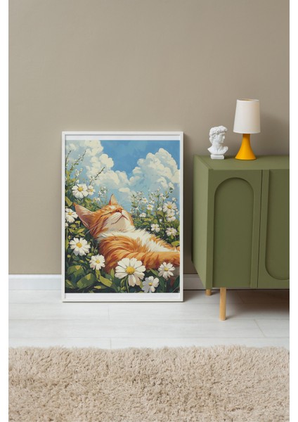 Beyaz Çerçeveli Tablo, Papatyalar Arasında Yatan Kedi, Bahar Havası Poster No: 107346 fırsatları
