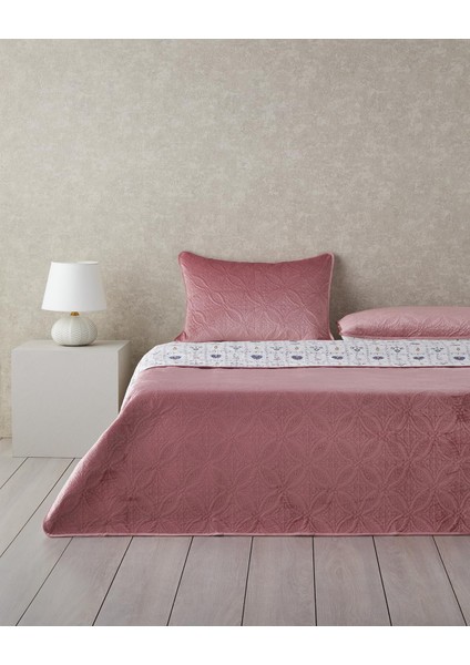 Home Ornate Fancy Kadife King Size Yatak Örtüsü Takımı Gül Kurusu