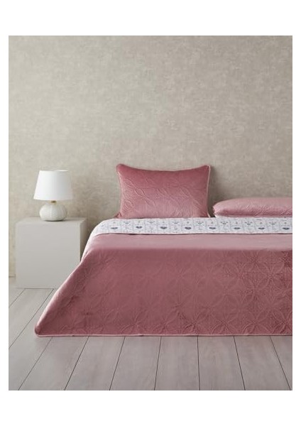 Home Ornate Fancy Kadife King Size Yatak Örtüsü Takımı Gül Kurusu modelleri