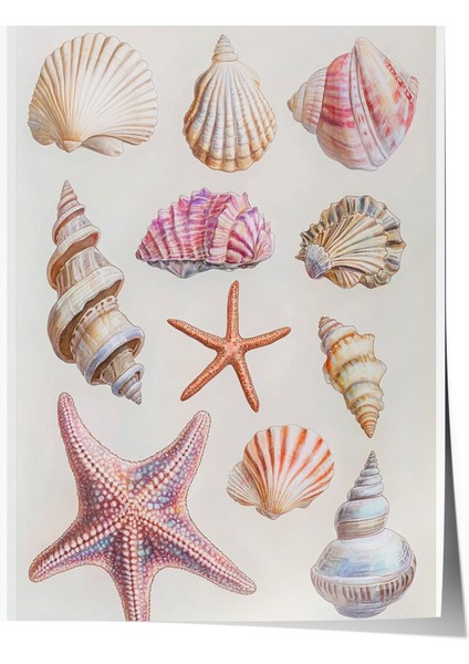 Çerçevesiz Poster, Dalgaların Ardında – Renkli Kabuklar ve Deniz Esintisi Poster No: 107443