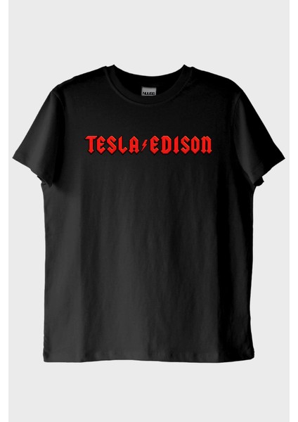 TESLA/EDISON Yıldırım Baskılı Gotik Tasarım Siyah Tişört
