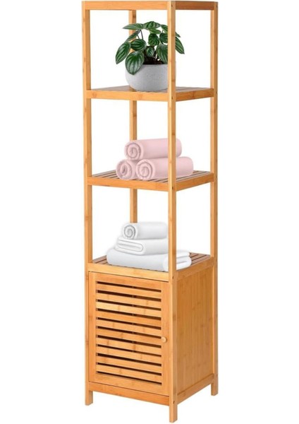 Bambu Tek Kapaklı 4 Raflı Çok Amaçlı Düzenleyici Organizer Dolap - DB-0003