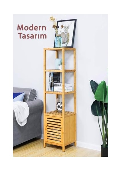 Bambu Tek Kapaklı 4 Raflı Çok Amaçlı Düzenleyici Organizer Dolap - DB-0003 fiyatları