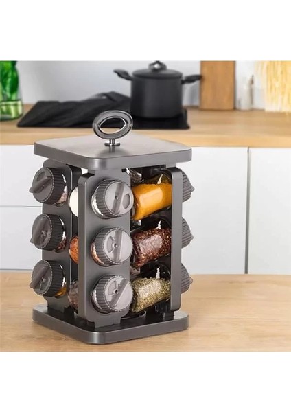 1083 Prizma Döner Standlı Döner Kapaklı 12'li Cam Baharatlık-Düzenleyici