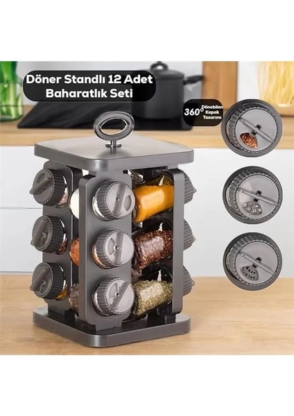1083 Prizma Döner Standlı Döner Kapaklı 12'li Cam Baharatlık-Düzenleyici fiyatları
