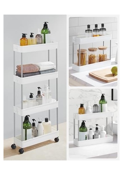 Arabası, 4 Seviyeli Mutfak Arabası, Mutfak Rafı, Tekerlekli Niş Rafı, Banyo Rafı, Yerden Tasarruf Sağlayan, Beyaz modelleri