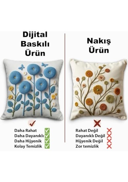 Mavi Çiçek ve Kelebek Desenli Dekoratif Kırlent Kılıfı, 43X43 Cm, 2'li Set, Fermuarlı fiyatları