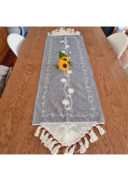 Uçlu Nakışlı Buldan Bezi Runner - Püsküllü, Otantik ve Şık, El Örgüsü ile Zenginleştirilmiş Vintage Tarz Dekoratif Örtü (Mavi Gri)