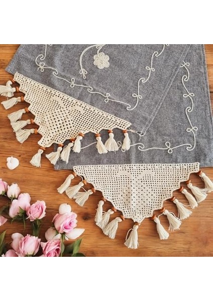 Uçlu Nakışlı Buldan Bezi Runner - Püsküllü, Otantik ve Şık, El Örgüsü ile Zenginleştirilmiş Vintage Tarz Dekoratif Örtü (Mavi Gri) fiyatları