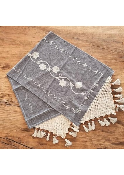 Uçlu Nakışlı Buldan Bezi Runner - Püsküllü, Otantik ve Şık, El Örgüsü ile Zenginleştirilmiş Vintage Tarz Dekoratif Örtü (Mavi Gri) modelleri