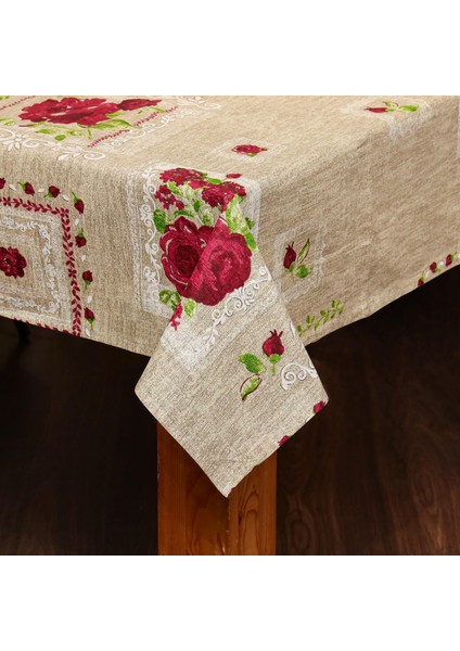 Gül Desenli Bej Pamuklu Masa Örtüsü