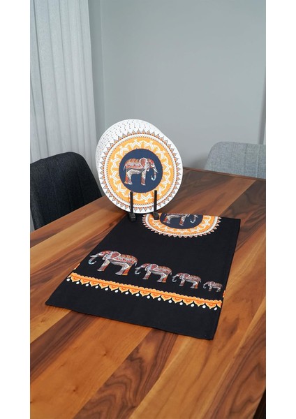 Etnik Fil Desenli Runner 6'lı Supla Set, Siyah
