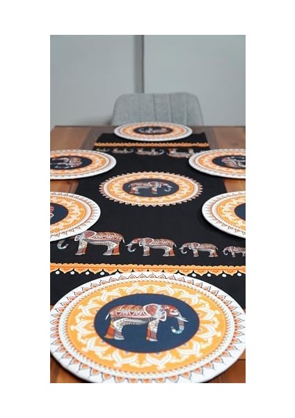 Etnik Fil Desenli Runner 6'lı Supla Set, Siyah fiyatları