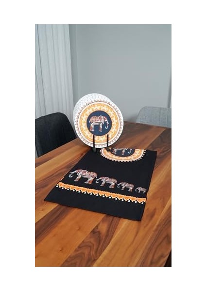 Etnik Fil Desenli Runner 6'lı Supla Set, Siyah modelleri