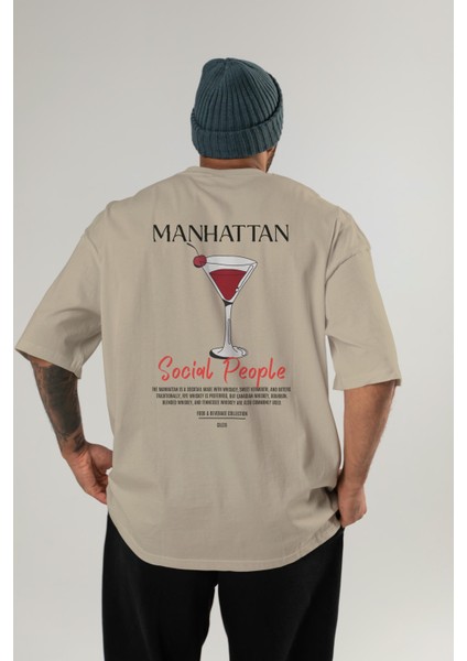 Manhattan Kokteyl Baskılı Oversize T-Shirt Erkek Kadın %100 Pamuk Bisiklet Yaka Tişort