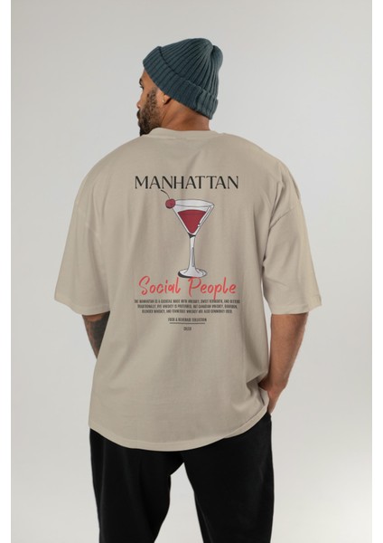 Manhattan Kokteyl Baskılı Oversize T-Shirt Erkek Kadın %100 Pamuk Bisiklet Yaka Tişort fırsatları