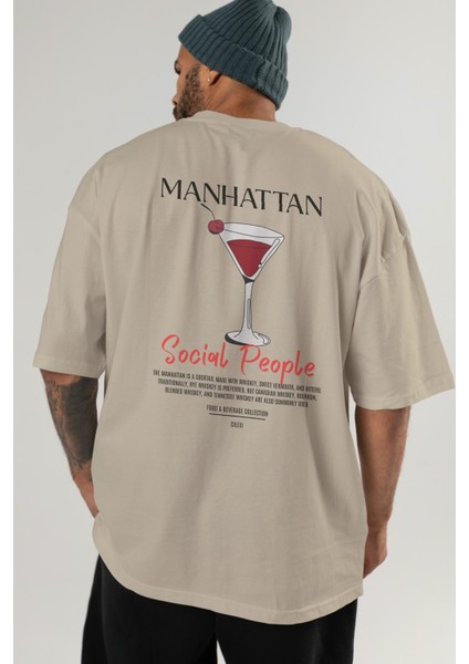 Manhattan Kokteyl Baskılı Oversize T-Shirt Erkek Kadın %100 Pamuk Bisiklet Yaka Tişort indirimleri