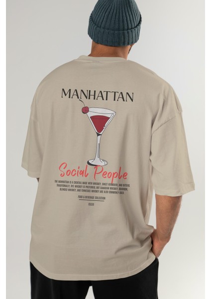 Manhattan Kokteyl Baskılı Oversize T-Shirt Erkek Kadın %100 Pamuk Bisiklet Yaka Tişort
