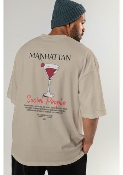 Manhattan Kokteyl Baskılı Oversize T-Shirt Erkek Kadın %100 Pamuk Bisiklet Yaka Tişort