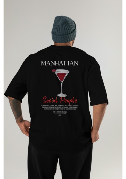 Manhattan Kokteyl Baskılı Oversize T-Shirt Erkek Kadın %100 Pamuk Bisiklet Yaka Tişort