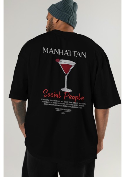 Manhattan Kokteyl Baskılı Oversize T-Shirt Erkek Kadın %100 Pamuk Bisiklet Yaka Tişort