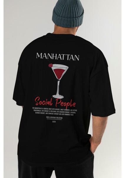 Manhattan Kokteyl Baskılı Oversize T-Shirt Erkek Kadın %100 Pamuk Bisiklet Yaka Tişort