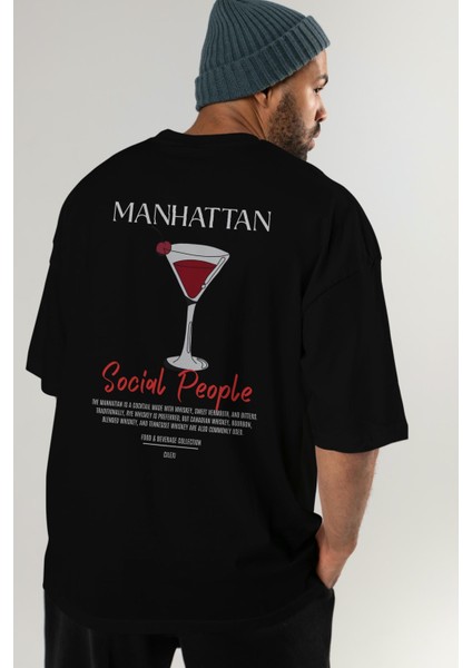 Manhattan Kokteyl Baskılı Oversize T-Shirt Erkek Kadın %100 Pamuk Bisiklet Yaka Tişort