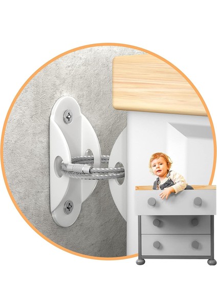 Ağır Yük Çelik Halatlı Eşya Sabitleyici Aparat - Bebek Koruyucu ve Çocuk Güvenliği Mobilya Devrilme Düşme Önleyici - Masa Şifonyer Duvara Sabitleme Aparatı - Beyaz Renk