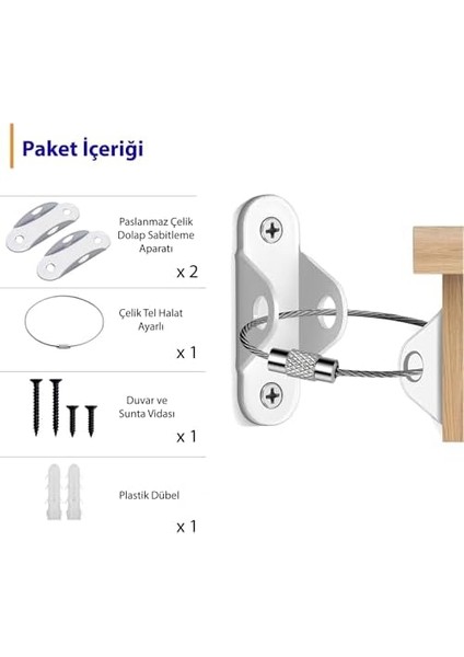 Ağır Yük Çelik Halatlı Eşya Sabitleyici Aparat - Bebek Koruyucu ve Çocuk Güvenliği Mobilya Devrilme Düşme Önleyici - Masa Şifonyer Duvara Sabitleme Aparatı - Beyaz Renk fiyatları