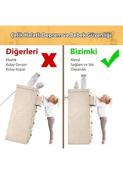 Ağır Yük Çelik Halatlı Eşya Sabitleyici Aparat - Bebek Koruyucu ve Çocuk Güvenliği Mobilya Devrilme Düşme Önleyici - Masa Şifonyer Duvara Sabitleme Aparatı - Beyaz Renk modelleri