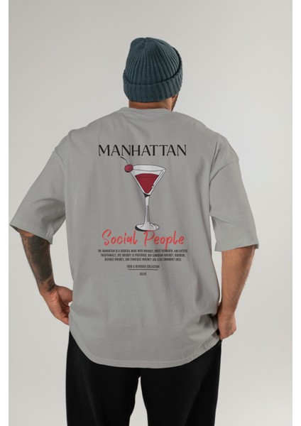Manhattan Kokteyl Baskılı Oversize T-Shirt Erkek Kadın %100 Pamuk Bisiklet Yaka Tişort