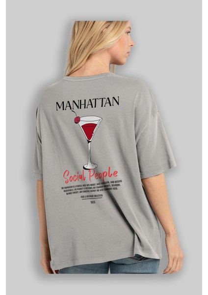Manhattan Kokteyl Baskılı Oversize T-Shirt Erkek Kadın %100 Pamuk Bisiklet Yaka Tişort modelleri