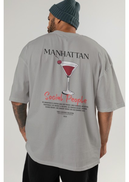 Manhattan Kokteyl Baskılı Oversize T-Shirt Erkek Kadın %100 Pamuk Bisiklet Yaka Tişort indirimleri