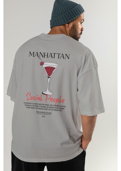 Manhattan Kokteyl Baskılı Oversize T-Shirt Erkek Kadın %100 Pamuk Bisiklet Yaka Tişort