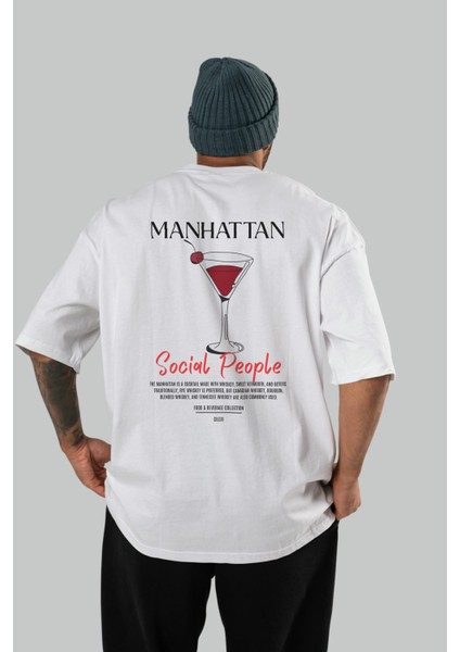 Manhattan Kokteyl Baskılı Oversize T-Shirt Erkek Kadın %100 Pamuk Bisiklet Yaka Tişort
