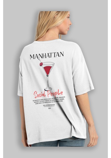 Manhattan Kokteyl Baskılı Oversize T-Shirt Erkek Kadın %100 Pamuk Bisiklet Yaka Tişort modelleri