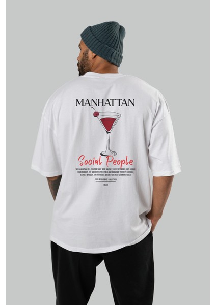 Manhattan Kokteyl Baskılı Oversize T-Shirt Erkek Kadın %100 Pamuk Bisiklet Yaka Tişort fırsatları