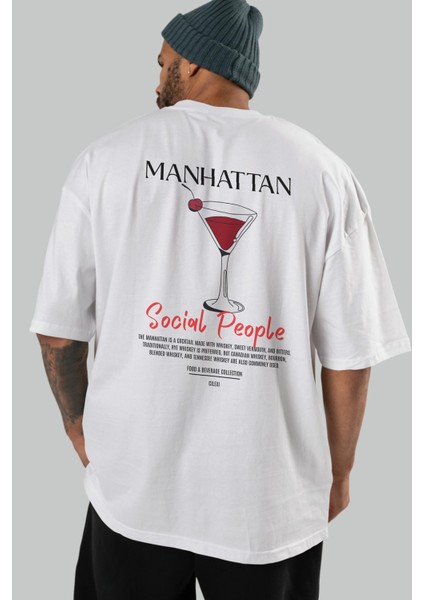 Manhattan Kokteyl Baskılı Oversize T-Shirt Erkek Kadın %100 Pamuk Bisiklet Yaka Tişort indirimleri