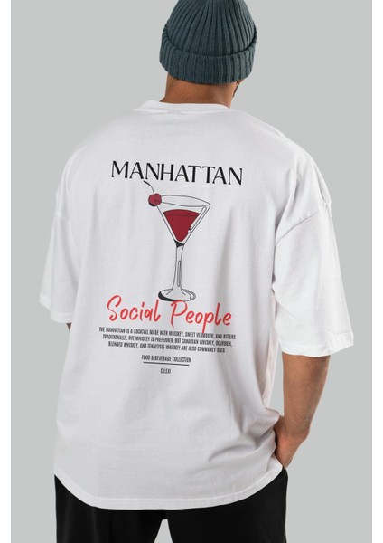 Manhattan Kokteyl Baskılı Oversize T-Shirt Erkek Kadın %100 Pamuk Bisiklet Yaka Tişort