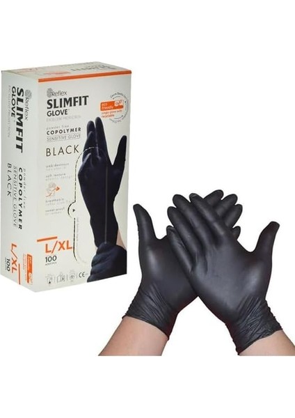 Reflex Slımfıt Glove Pudrasız Tek Kullanımlık Gıdaya Uygun Yeni Nesil Teknoloji Siyah L/xl Beden Eldiven 100'LÜ Paket