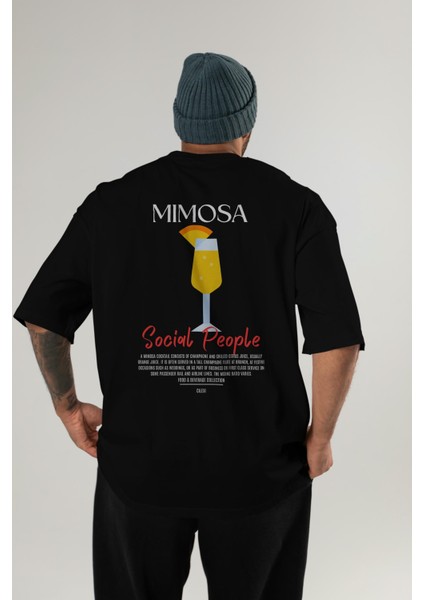 Mimosa Kokteyl Baskılı Oversize T-Shirt Erkek Kadın %100 Pamuk Bisiklet Yaka Tişort