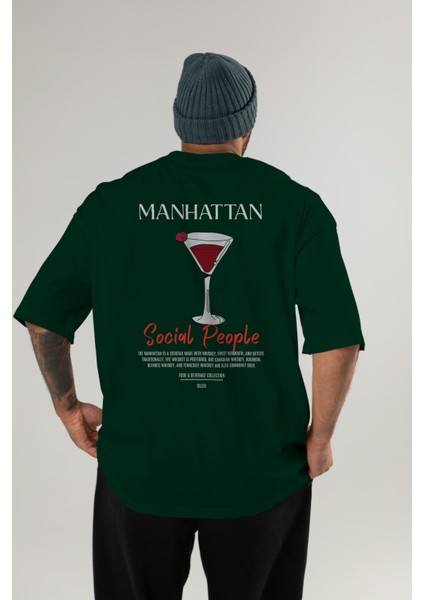 Manhattan Kokteyl Baskılı Oversize T-Shirt Erkek Kadın %100 Pamuk Bisiklet Yaka Tişort