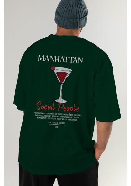 Manhattan Kokteyl Baskılı Oversize T-Shirt Erkek Kadın %100 Pamuk Bisiklet Yaka Tişort