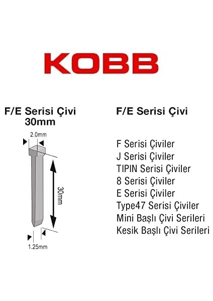 KBZ30F 30MM 2500 Adet F/e/j/8 Serisi Ağır Hizmet Tipi Kesik Başlı Çivi, Gri modelleri