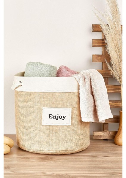 Krem Şeritli Silindir Jüt Sepet - Büyük