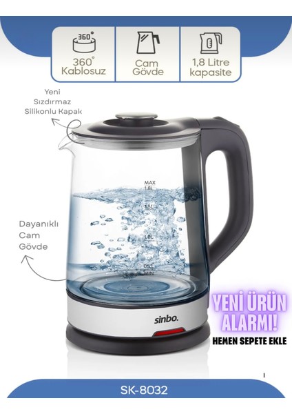 SK-8032 Cam Kettle Kablosuz Su Isıtıcı 1.8l
