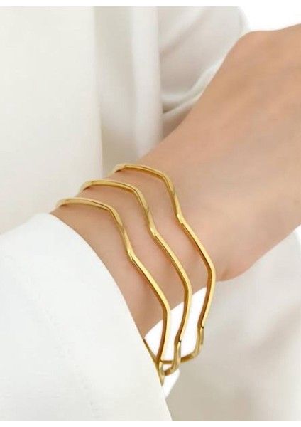 Kadın Gold Renk 316L Çelik 3'lü Zikzak Ajda Bilezik Kibrit Çöpü Bilezik fiyatları