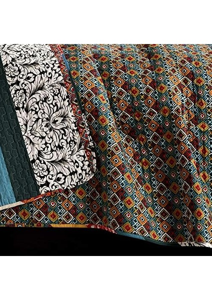 Decor Boho Çizgili Yorgan Ters Çevrilebilir 3 Parça Bohem Tasarım Yatak Seti - King - Turkuaz ve Mandalina fiyatları