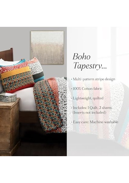 Decor Boho Çizgili Yorgan Ters Çevrilebilir 3 Parça Bohem Tasarım Yatak Seti - King - Turkuaz ve Mandalina modelleri