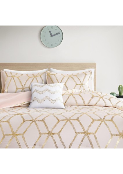 Spaces Vivian Yorgan Seti Ultra Yumuşak Dört Mevsim Hafif Modern Geometrik Glam Metalik Baskılı Yatak Takımı, Uyumlu Şemsiye, Dekoratif Yastık, Tam/kraliçe, Geometrik Allık/altın